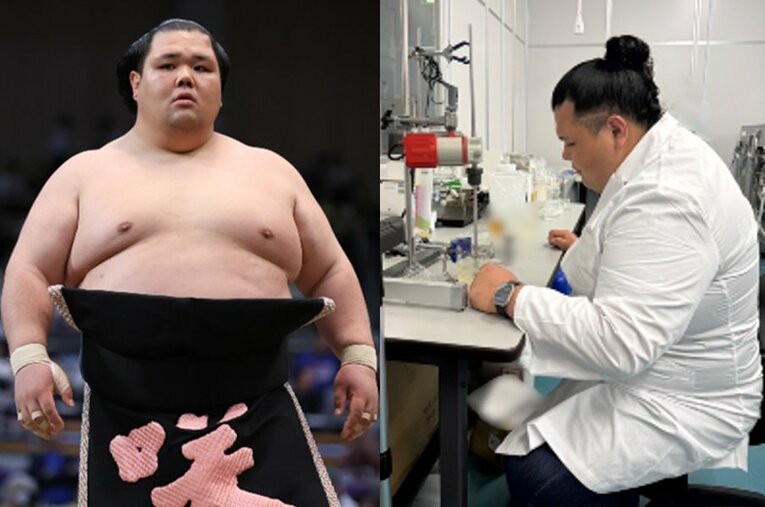 元小結・阿武咲こと、打越奎也さんは引退後にスキンケア商品を扱う会社に就職。自ら商品開発の現場にも足を運ぶ　©L：JIJI PRESS、R：Fumiya Utetsu