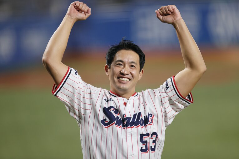 2020年、スワローズでの現役引退セレモニーでの五十嵐さん　©JIJI PRESS