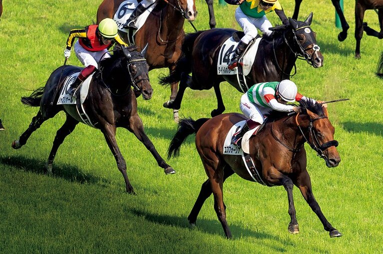 今年のダービーでは、いち早く馬群から抜け出したエフフォーリア（右）にシャフリヤール（左）が追いつき、2頭は並んで入線した ／ photograph by Photostud