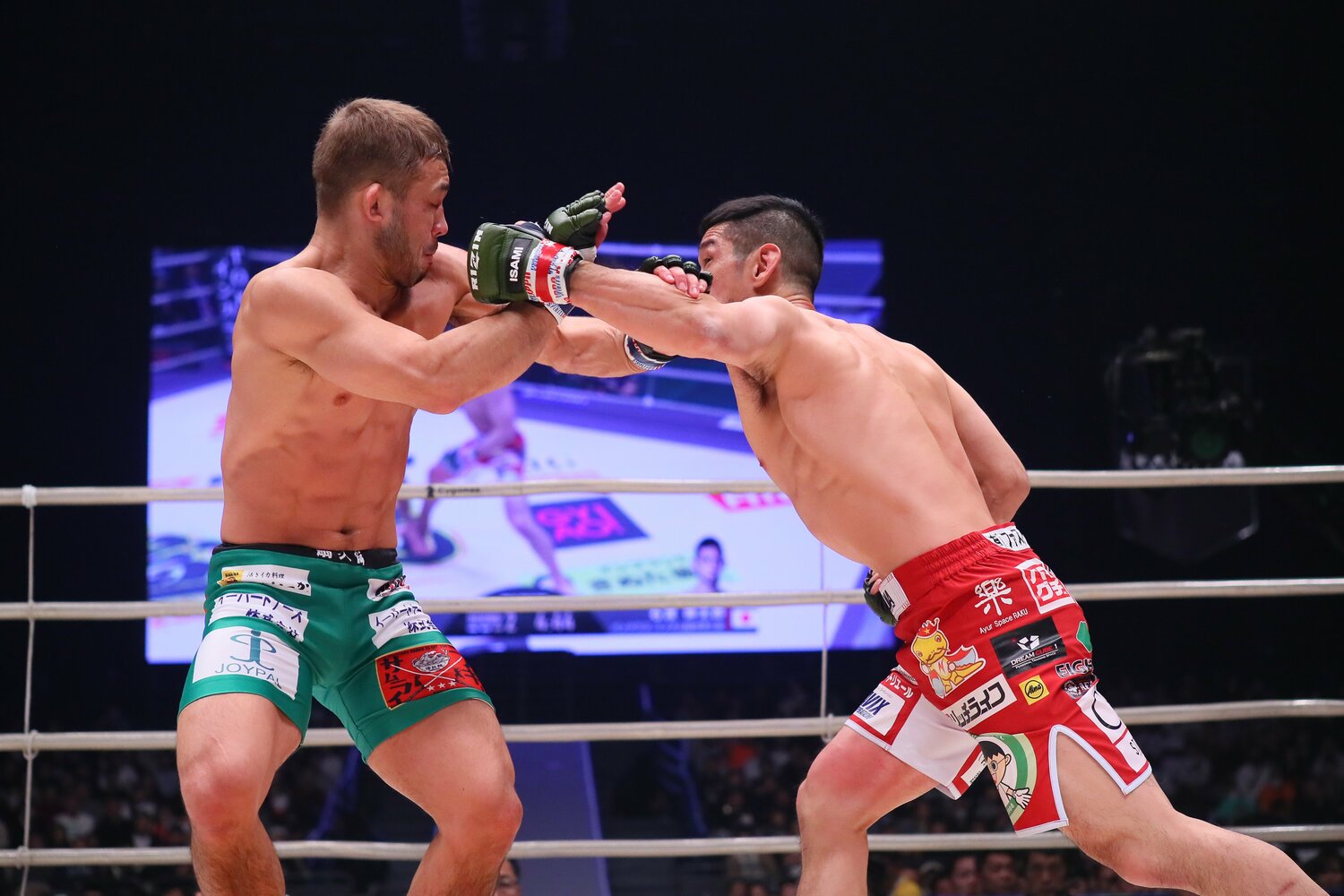 2019年大晦日、『RIZIN.20』で激突した石渡と扇久保博正。一進一退の白熱した攻防の末、扇久保が判定2-1で勝利した　©RIZIN FF