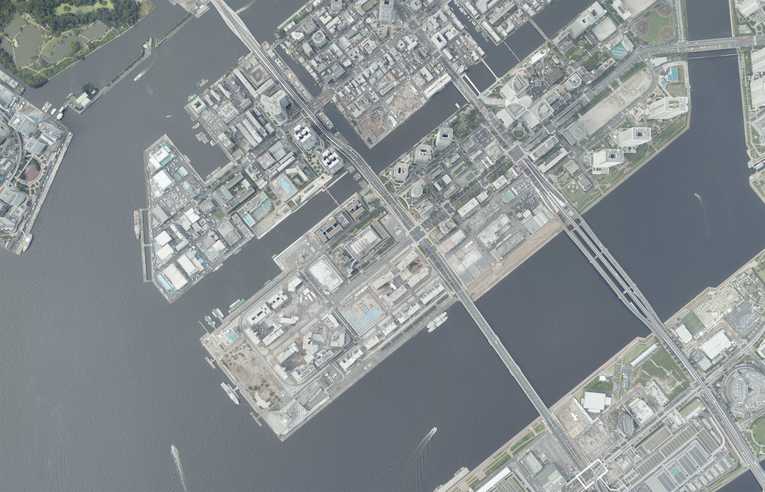 2019年の晴海の航空写真。左下に選手村が確認できる　出典：国土地理院の空中写真