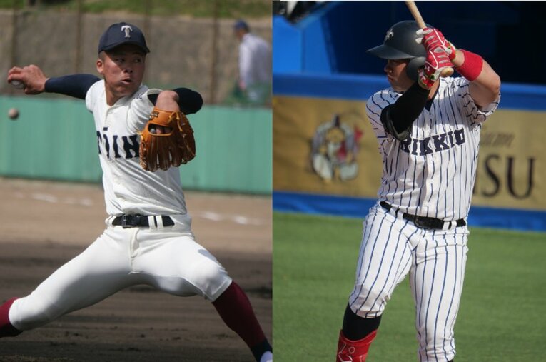 惜しくも指名漏れとなった大阪桐蔭高校の主将・中野大虎（左）。東京六大学の3冠王・山形球道の名前もコールされなかった ／ photograph by PPAB-lab.