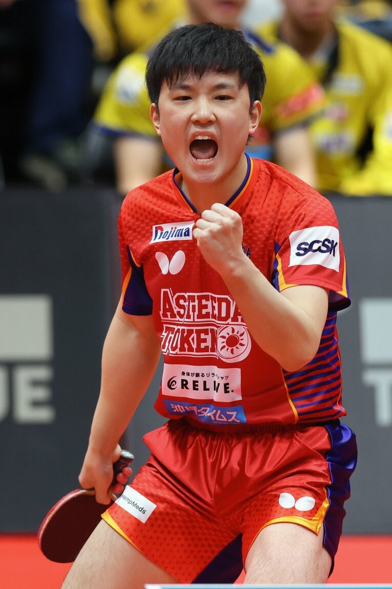 今年3月のTリーグプレーオフファイナルでの張本（当時琉球）　©JIJI PRESS