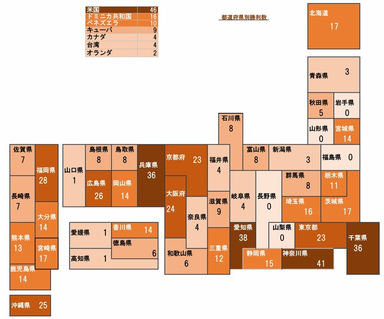 2020年版の「出身都道府県別勝利数地図」全国版（記事は4日公開予定）©Kou Hiroo