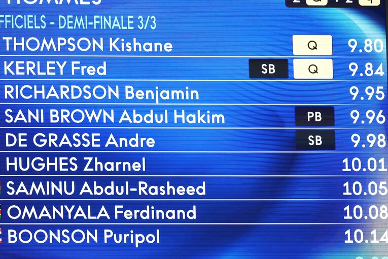 準決勝の結果を示す掲示板。サニブラウンは自己ベスト（PB）をマークしたものの決勝進出ならず　©︎Ryosuke Menju/JMPA