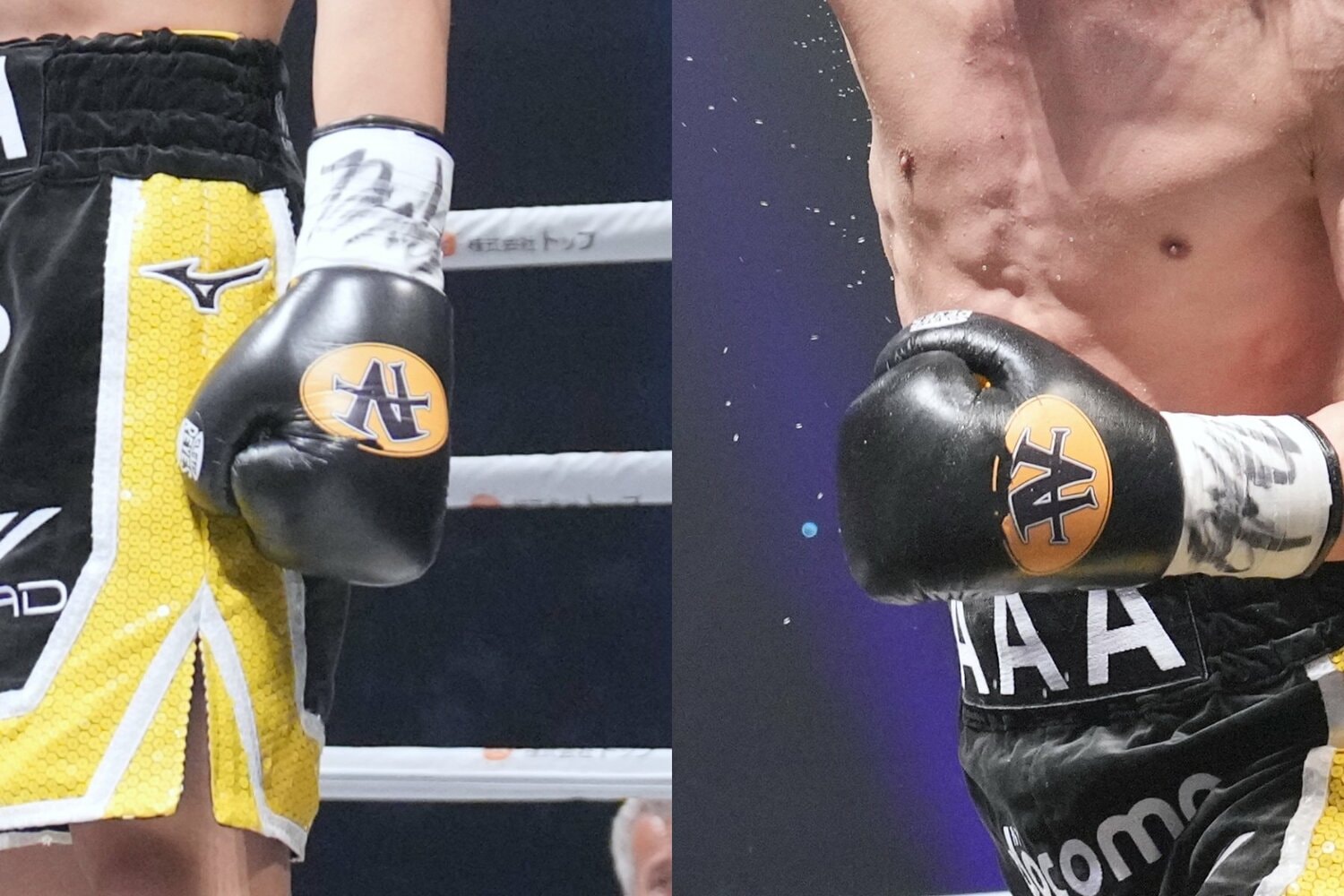 試合前と試合中の左手のグローブの比較。ロゴの塗装が剥がれているのがわかる ©Naoki Fukuda