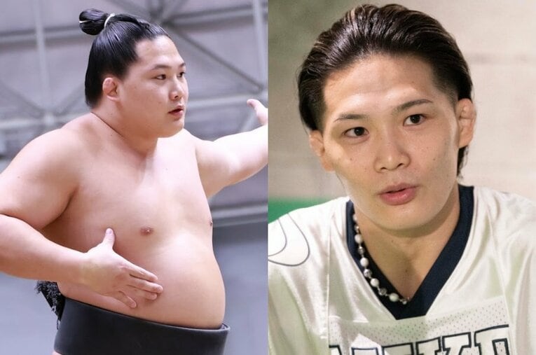 力士時代の雷鵬氏（左）、現在はパーソナルトレーナーに転身し、力士時代を振り返った（右） ／ photograph by 左：本人提供／右：Keiji Ishikawa