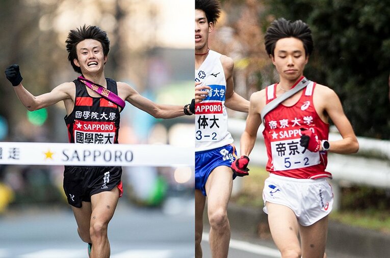 前回、総合3位でフィニッシュした國學院大の10区・殿地（左）。前回2区の帝京大・星が流れを作れれば総合3位も見えてくる。 ／ photograph by Nanae Suzuki/Yuki Suenaga