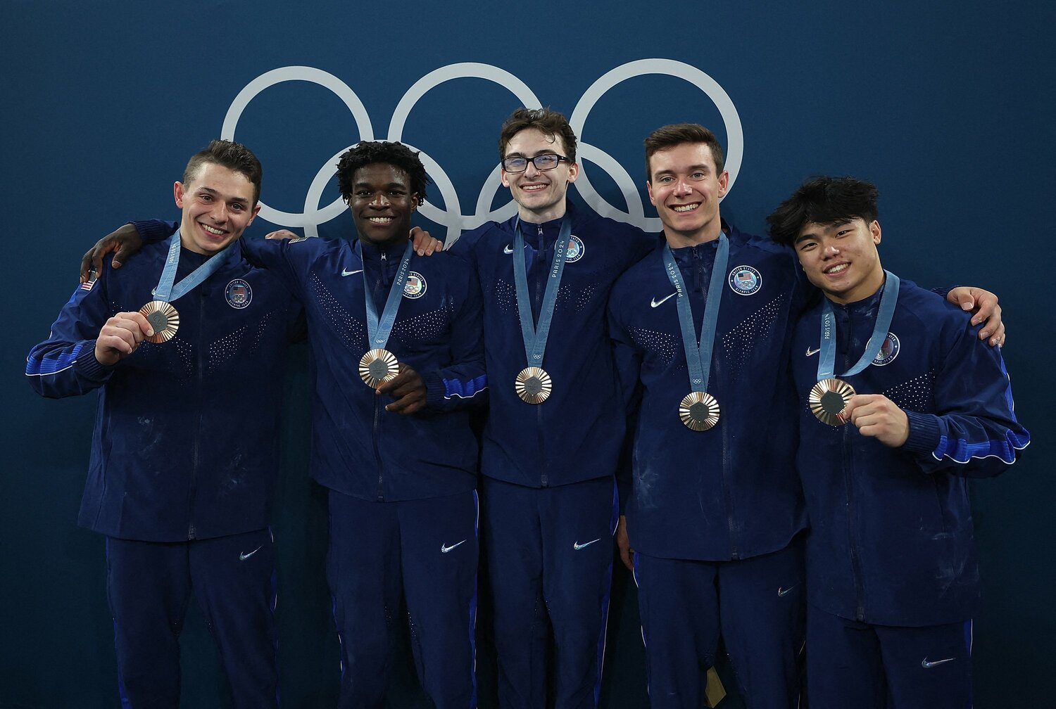 体操男子団体で銅メダルを獲得したアメリカチーム　©JIJI PRESS