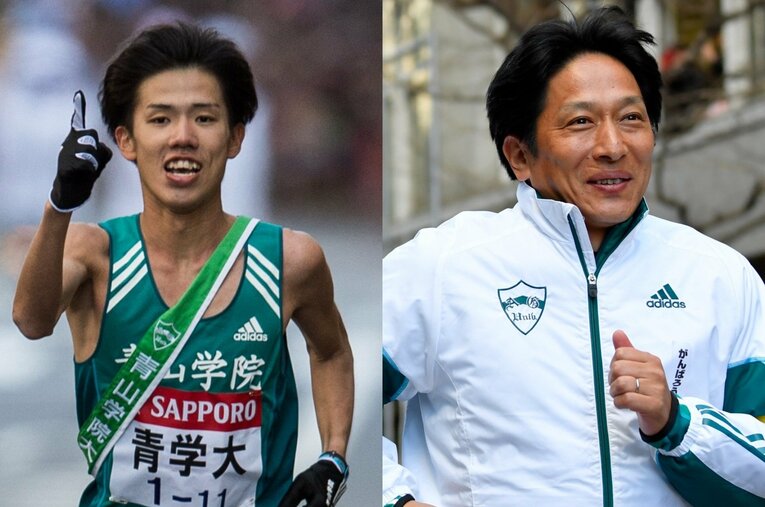 2016-2017シーズン安藤悠哉主将（左）率いるチームが青学大史上初の「学生駅伝三冠」を達成。箱根路でゴールを迎える原晋監督も満面の笑みだった ／ photograph by (L)Nanae Suzuki、(R)BUNGEISHUNJU