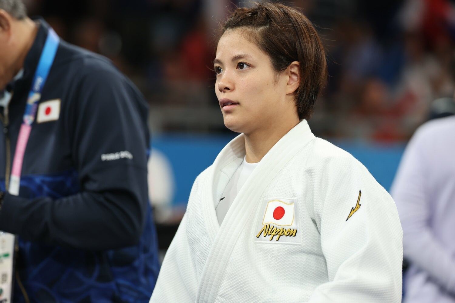 8月3日の混合団体、スペイン戦に出場した阿部詩。あの号泣から6日が経っていた　©JMPA