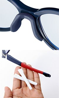 テンプルとノーズパッドには滑りにくいラバー素材を使用。走行中に汗をかいてもズレ落ちにくいのが嬉しい。また、ラバーパーツを別カラーに交換し、フレームの表情を一新することもできる。