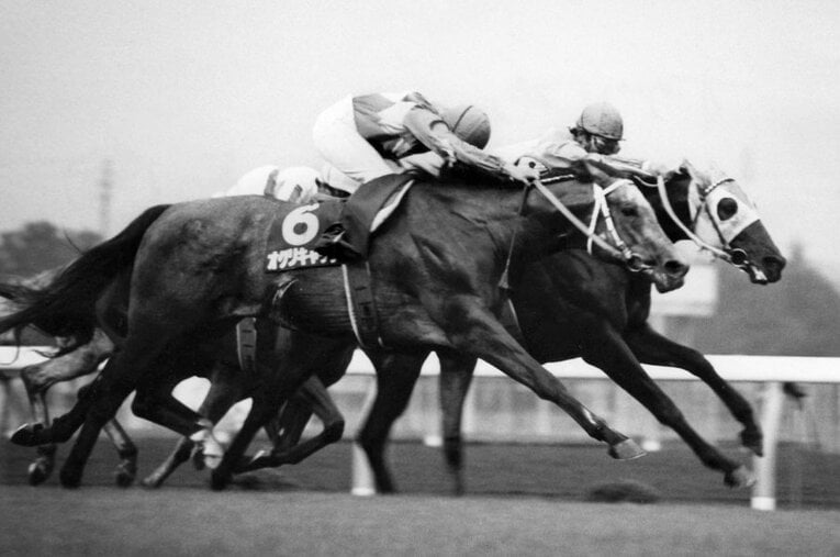 ともに地方競馬出身、「平成三強」のオグリキャップとイナリワンが激突した1989年の毎日王冠。最後の直線は壮絶な叩き合いとなった ／ photograph by 東京スポーツ新聞社
