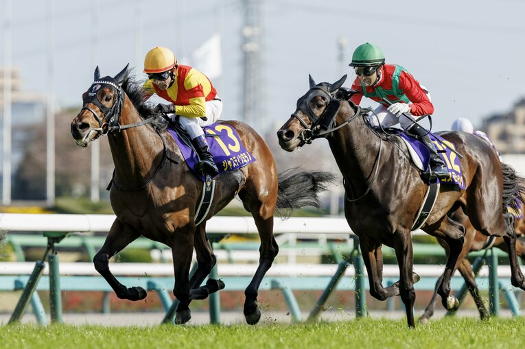 ゴール直前で先頭に立つジャスティンミラノ。外はコスモキュランダ　©Kiichi Matsumoto