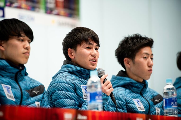 東海大の優勝会見での6区・中島怜利　©Yuki Suenaga