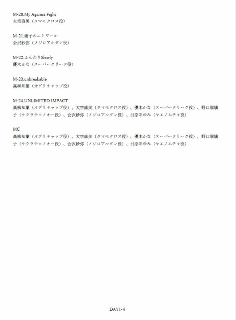 DAY1セットリスト（4/5枚）　※出走ウマ娘についても記載