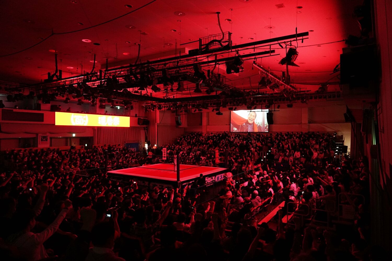 スクリーンに映るアントニオ猪木の「ダァーッ」に合わせて拳を突き上げる観客たち