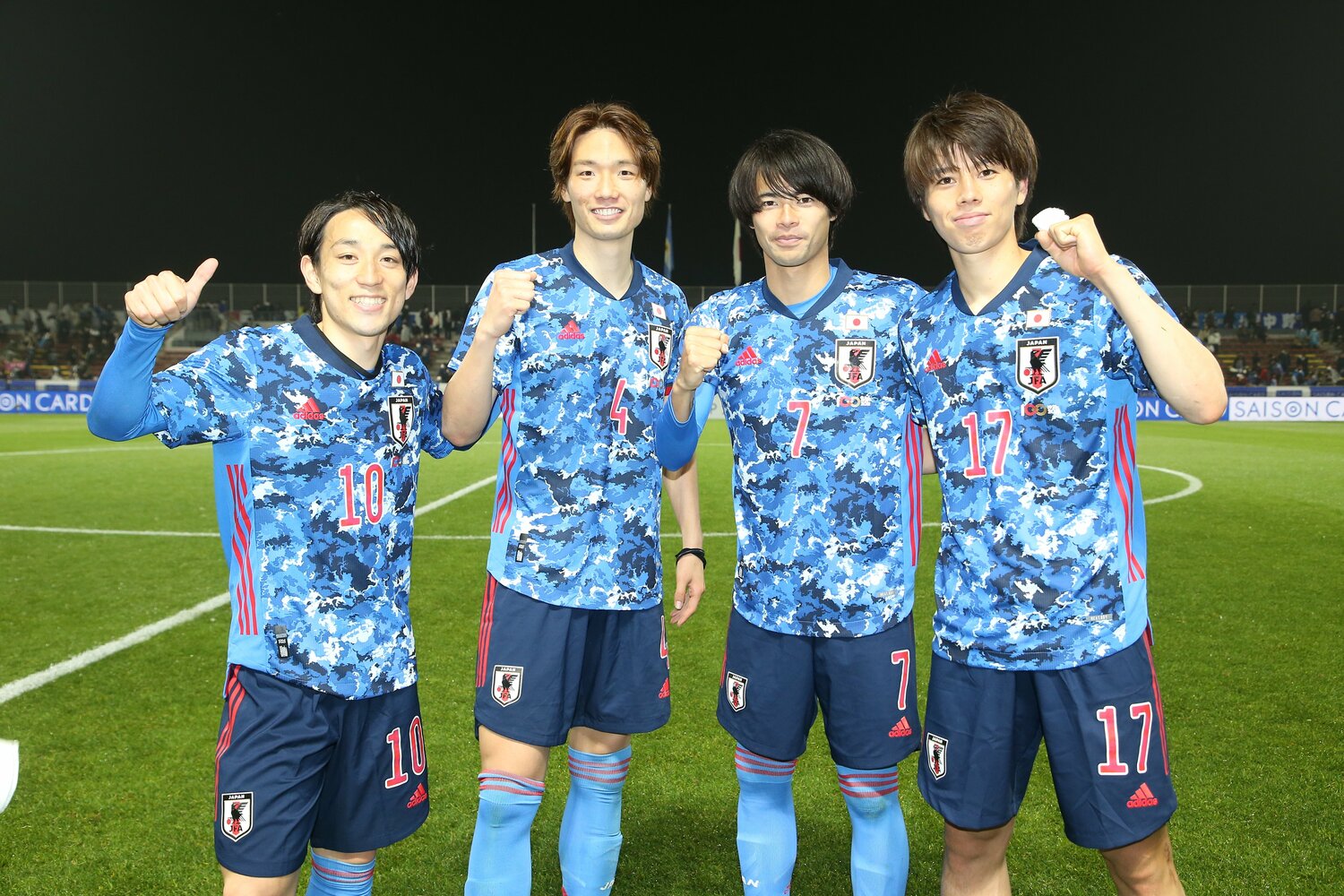 21年3月、世代別代表戦に招集された（左から）三好、板倉、三笘、田中碧のフロンターレ勢 ©JFA/AFLO