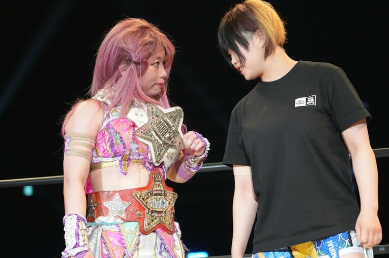 試合後、MIRAIが中野たむが持つ白いベルトへの挑戦を表明した