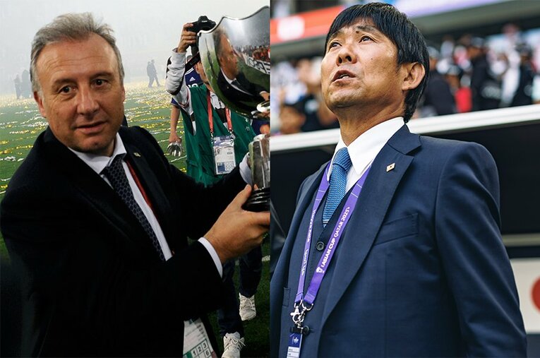 2011年アジア杯を制したザッケローニ監督と、今大会のアジア杯での森保一監督 ／ photograph by Takuya Sugiyama/Kiichi Matsumoto