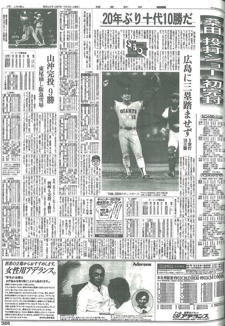 プロ初完封＆初アーチを飾った翌日の読売新聞（1987年7月9日朝刊）