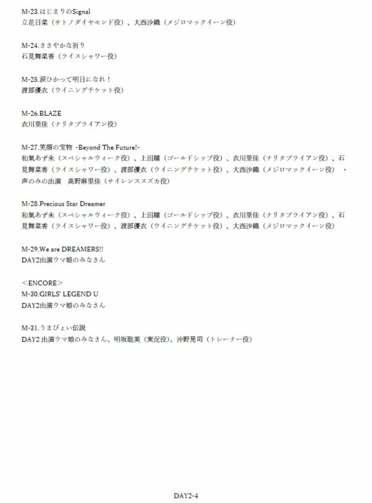 DAY2セットリスト（4/4枚）　※出走ウマ娘についても記載