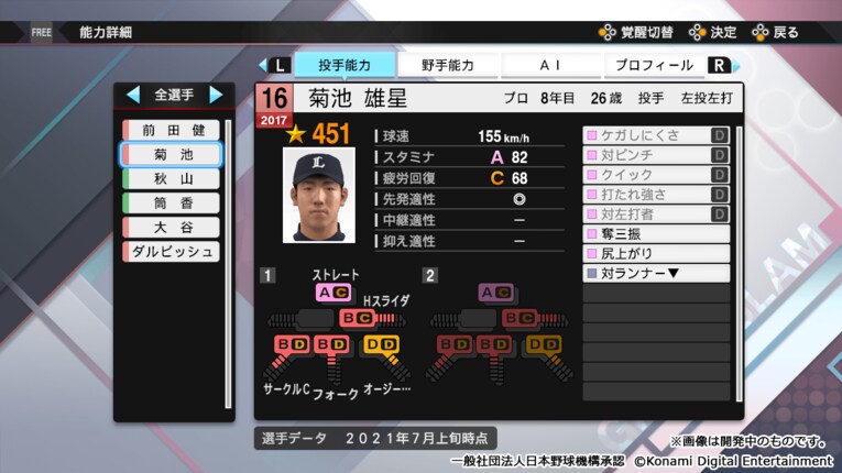 菊池雄星投手・能力チャート（通常時）　©Konami Digital Entertainment