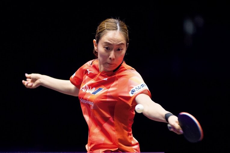 現役最後の試合となったWTTチャンピオンズ・マカオ女子シングルス2回戦　©AFLO