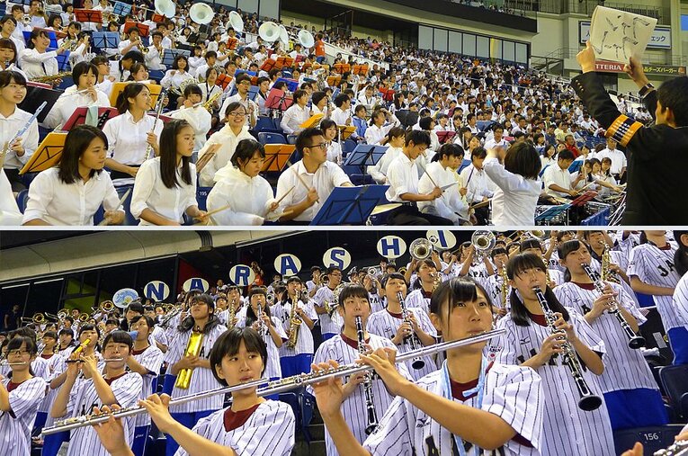 写真上が六大学応援団連盟、下が習志野高校応援団。試合も熱戦だったが、負けず劣らず応援席も大熱戦であった。 ／ photograph by Yukiko Umetsu/NPB Enterprise