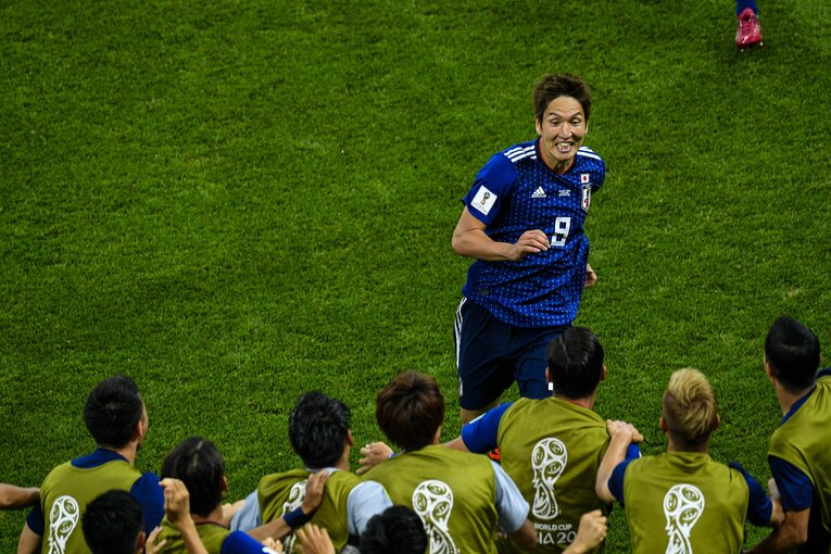 ベルギー戦、ゴールを決めた原口　©Takuya Sugiyama/JMPA