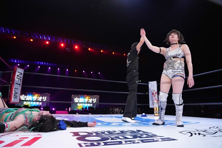 5月18日、横浜武道館で白いベルトを防衛した安納サオリ　©Essei Hara