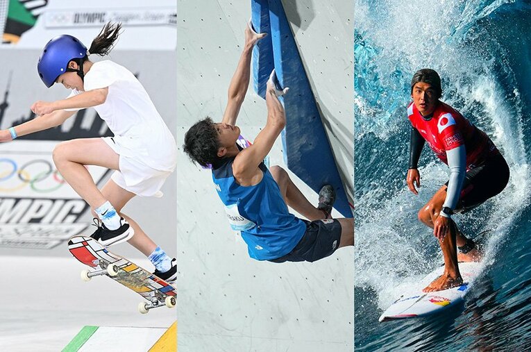 パリ2024代表に内定したスケートボード「ストリート」小野寺吟雲、スポーツクライミング・安楽宙斗、サーフィン・五十嵐カノア（写真左から） ／ photograph by AFLO