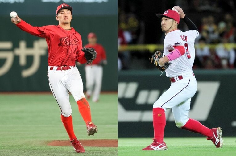異次元とも言える守備力で二遊間を固める矢野（左）と菊池。ディフェンスを重視する今季のカープの象徴的存在でもある ／ photograph by JIJI PRESS