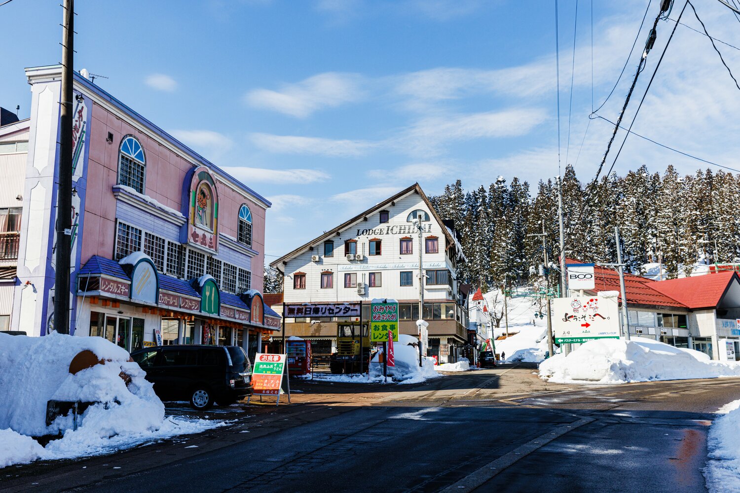 スキー場と反対側（駅の南側）には民宿やロッジなどが立ち並ぶ