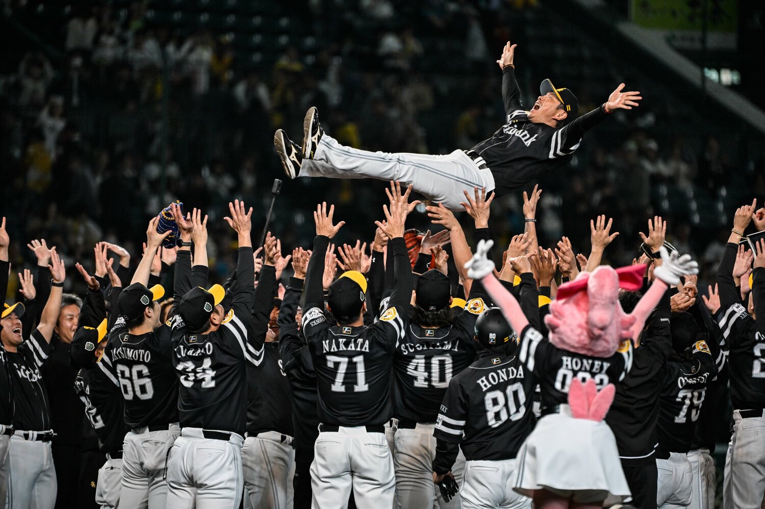 4勝1敗で阪神を退けた小久保裕紀監督が宙を舞った　©Nanae Suzuki