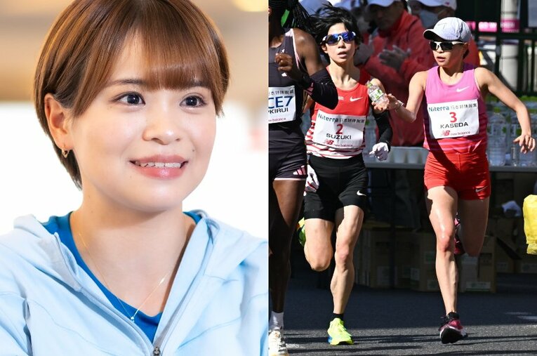 パリ五輪の枠が決まる3月の名古屋ウィメンズマラソンにて、鈴木亜由子に給水ボトルを手渡し話題を集めた加世田梨花 ／ photograph by L)TakuyaSugiyama、R)JIJI PRESS