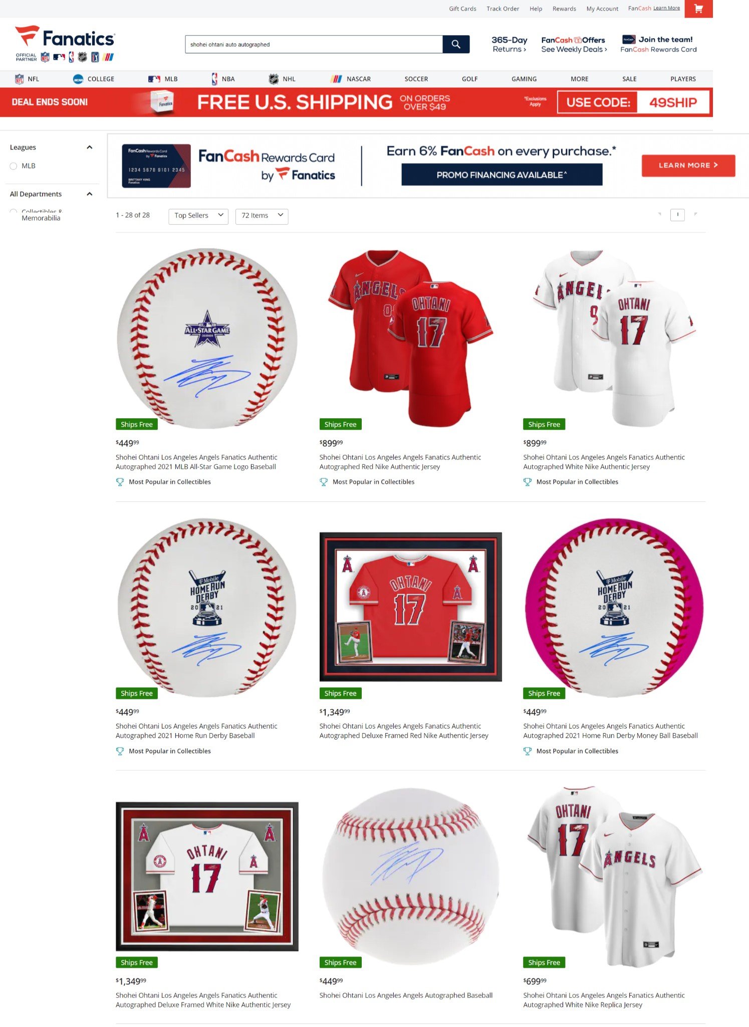 大谷がパートナーシップを結んだFanatics社のショッピングサイトには直筆サイングッズがずらりと並んでいる