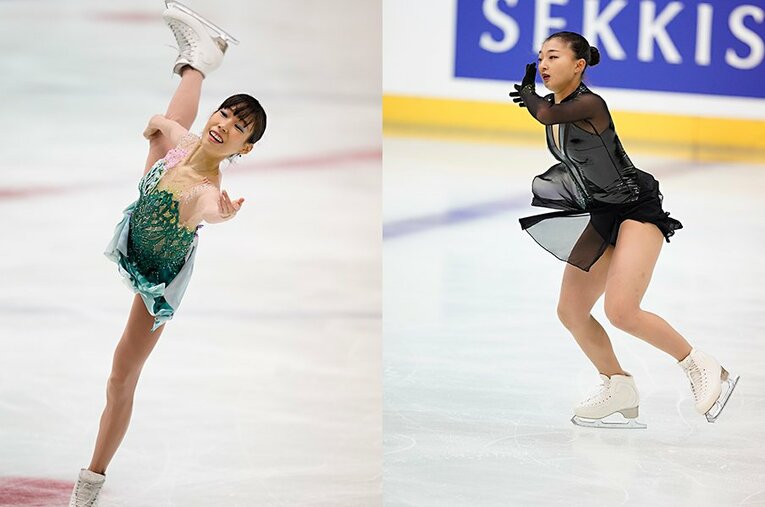 SP首位の坂本（右）がFS全体2位の129.83点、合計200.23点で西日本選手権優勝を果たした。SP2位の三原はFS全体トップの130.37点、合計194.87点で2位に ／ photograph by Nobuaki Tanaka