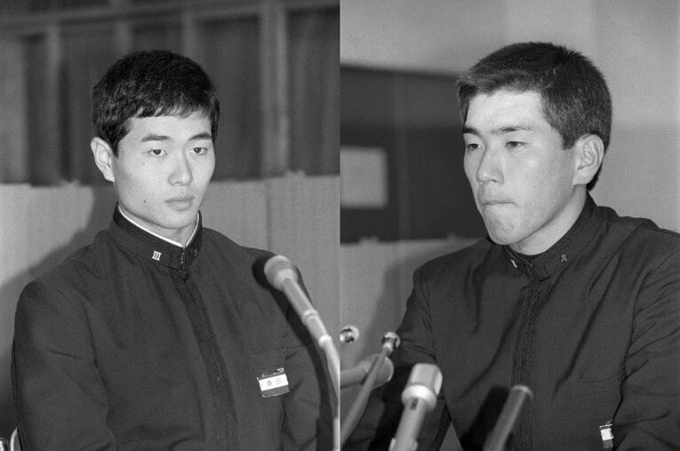 1985年11月20日のドラフト会議で明暗が分かれたPL学園の桑田真澄（左）と清原和博 ／ photograph by JIJI PRESS