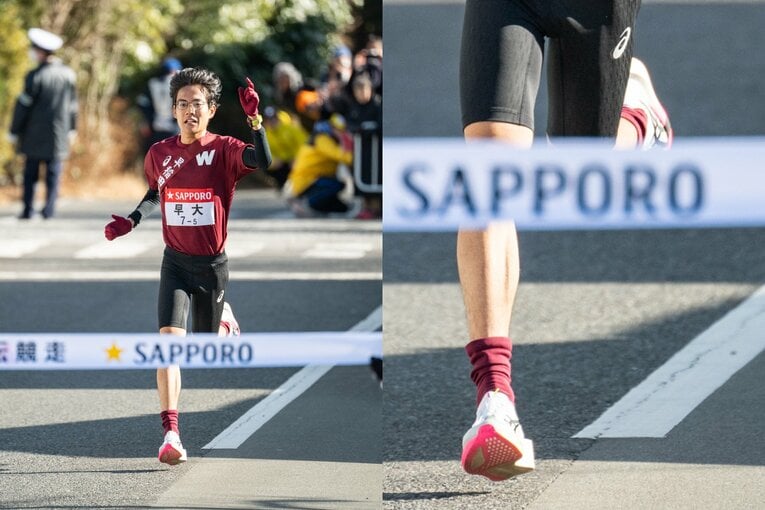 すっかり人気者になった「山の名探偵」早稲田大・工藤慎作はアシックス（見えにくい角度で失礼）　©Nanae Suzuki