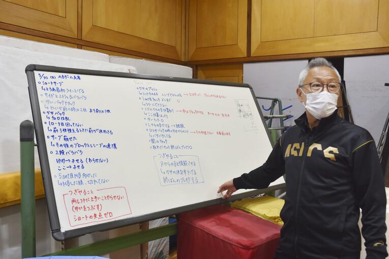 選手らが課題を書いたホワイトボードについて説明する小川良樹監督　©KYODO