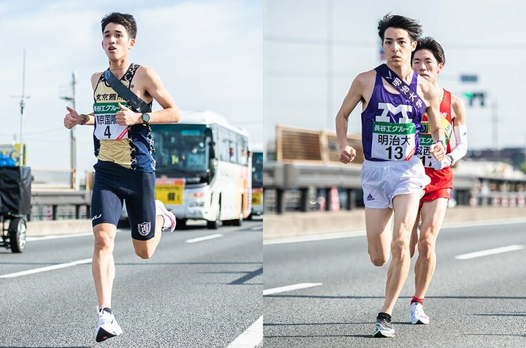 全日本大学駅伝の2区で好走した東国大・丹所（左）と、明大のエース・小袖。箱根駅伝でも主要区間への配置が予想される。 ／ photograph by Asami Enomoto
