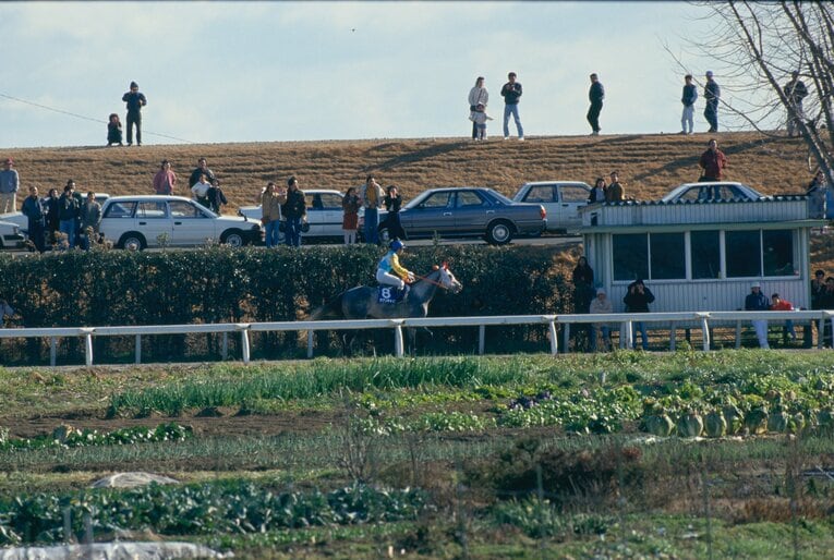 笠松競馬場で行われたオグリキャップの引退式。入場制限で競馬場に入れない人が土手から声援を送る　©Tomohiko Hayashi