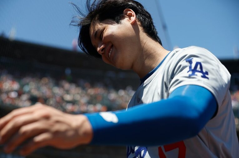 ジャイアンツ戦での大谷翔平。ライバル意識が高い敵地サンフランシスコでも、さわやかな青空のもとで、この表情　©Lachlan Cunningham/Getty Images