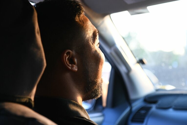 2025年9月、ホテルから試合会場のパット・ラフター・アリーナへ向かう車内で　©Kokou Sekine