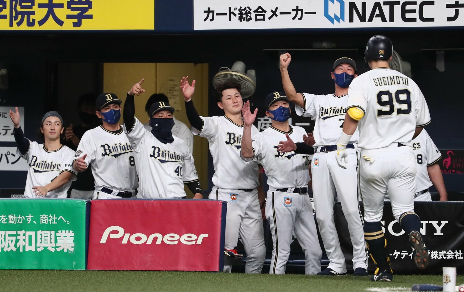 ホームランを打った杉本を迎える中嶋監督らオリックスナイン。ベンチの雰囲気はチームの風通しの良さを象徴していた　©Sankei Shimbun