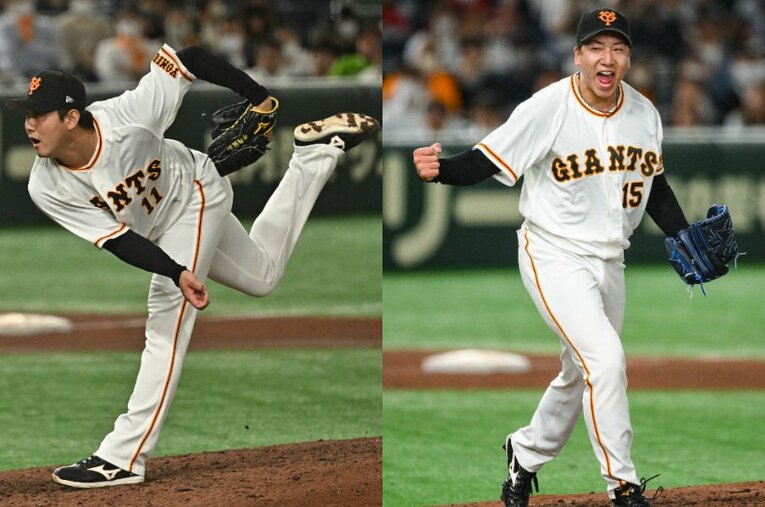 セットアッパー平内龍太（左）→クローザー大勢（右）への”勝利の方程式”を確立できるか ／ photograph by Hideki Sugiyama/Naoya Sanuki