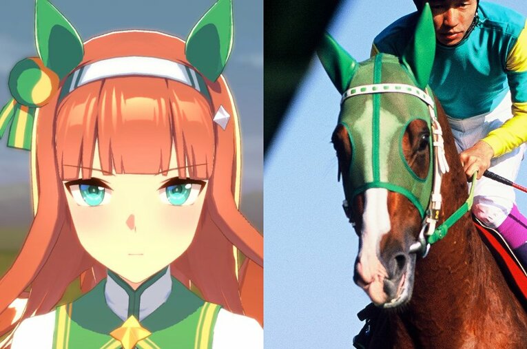 （左）『ウマ娘』に登場するサイレンススズカ、（右）毎日王冠でのサイレンススズカと武豊 ／ photograph by ©Cygames, Inc.、Keiji Ishikawa