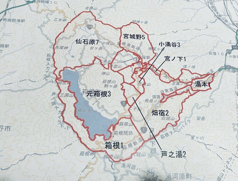 【参考資料】赤線内が近年箱根で熊の出没情報があったエリア。箱根駅伝「５区」のエリアでも複数の目撃情報がある（2015〜17、2021〜2025の大まかなデータ）提供・關教授