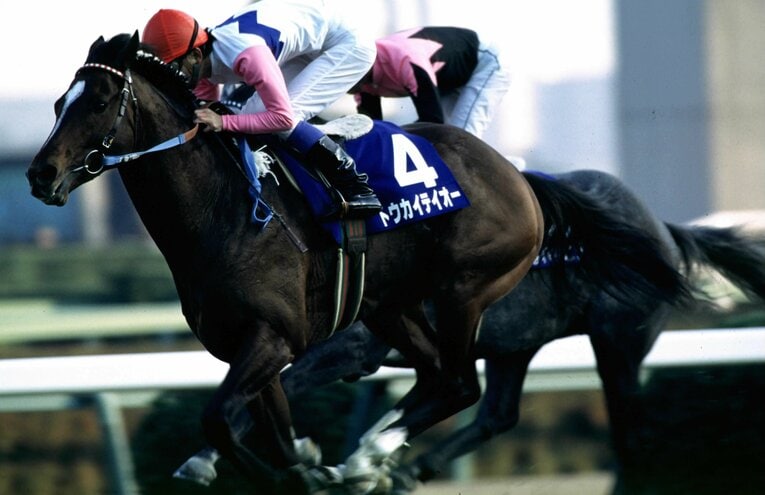 有馬記念でビワハヤヒデに競り勝ち、先頭でゴールを駆け抜けるトウカイテイオー　©Tomohiko Hayashi
